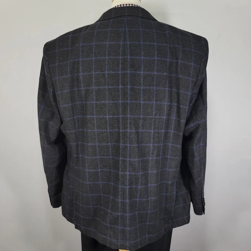 Westport Men's Sport Coat Blazer Two Button Flannel Charcaol Blue Plaid Wool 52R